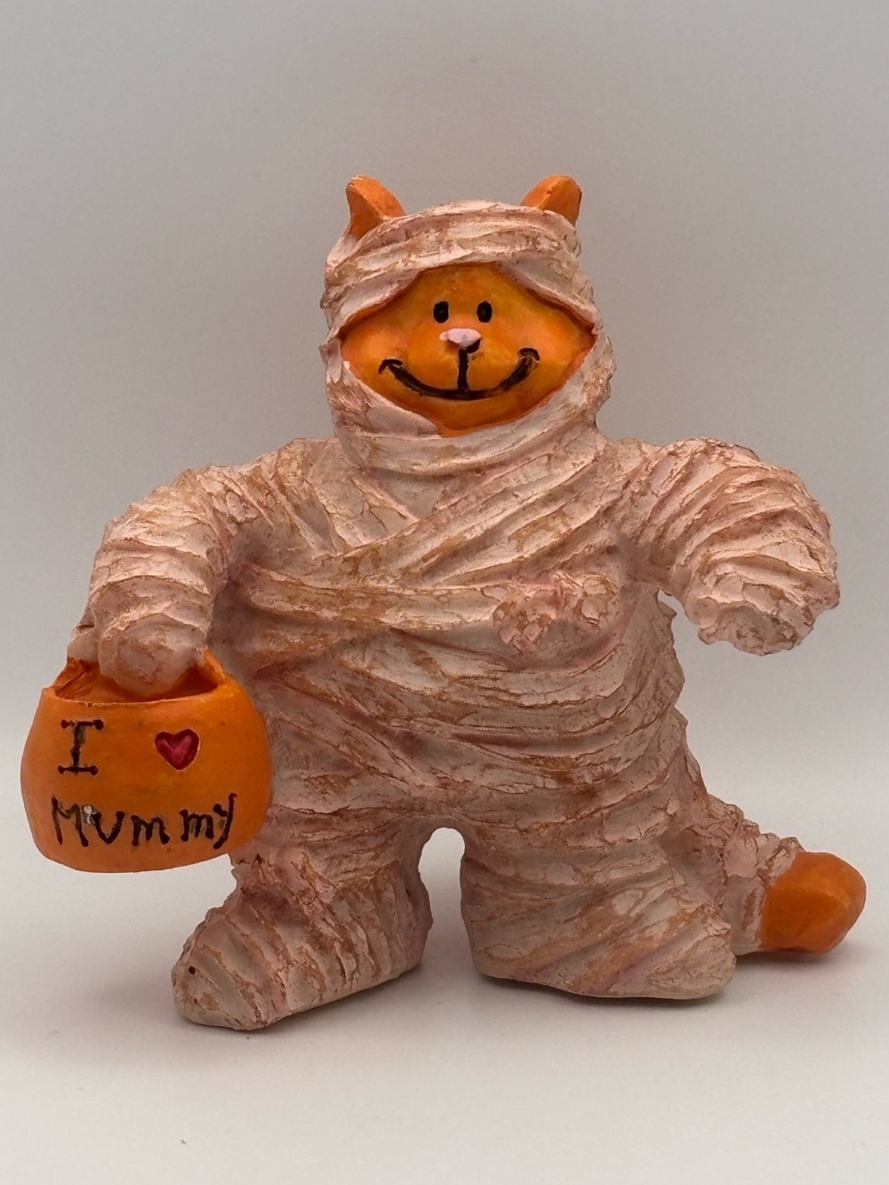 Whimsical Halloween Figurine, Orange Cat in Mummy Costume, Trick-or-Treat
